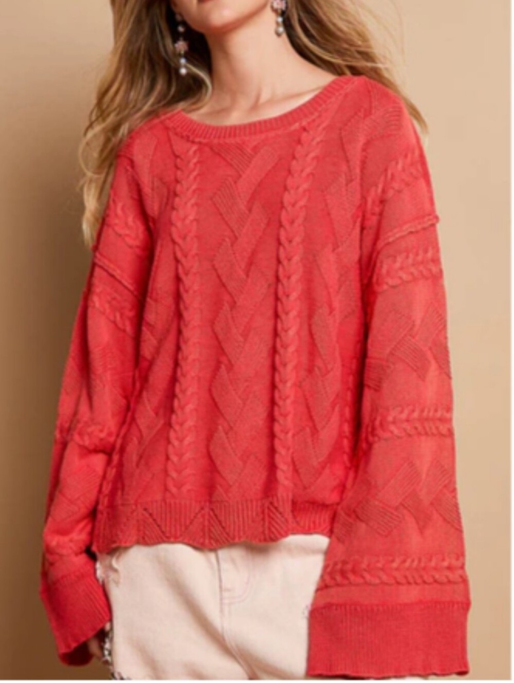  POL OVERSIZED Textured Vintage Washed Sweater in Cherry Red
